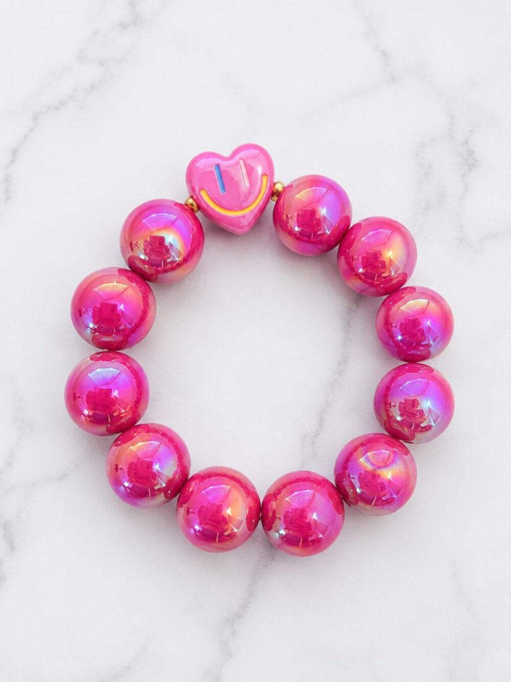 ​Chunky Hot Pink Iridescent Beaded Bracelet Heart Smile Charm Stretch